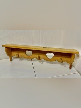 Vintage Wooden Wall Shelf Heart Shape 3 Pegs Farmhouse Cottagecore Decor 29”